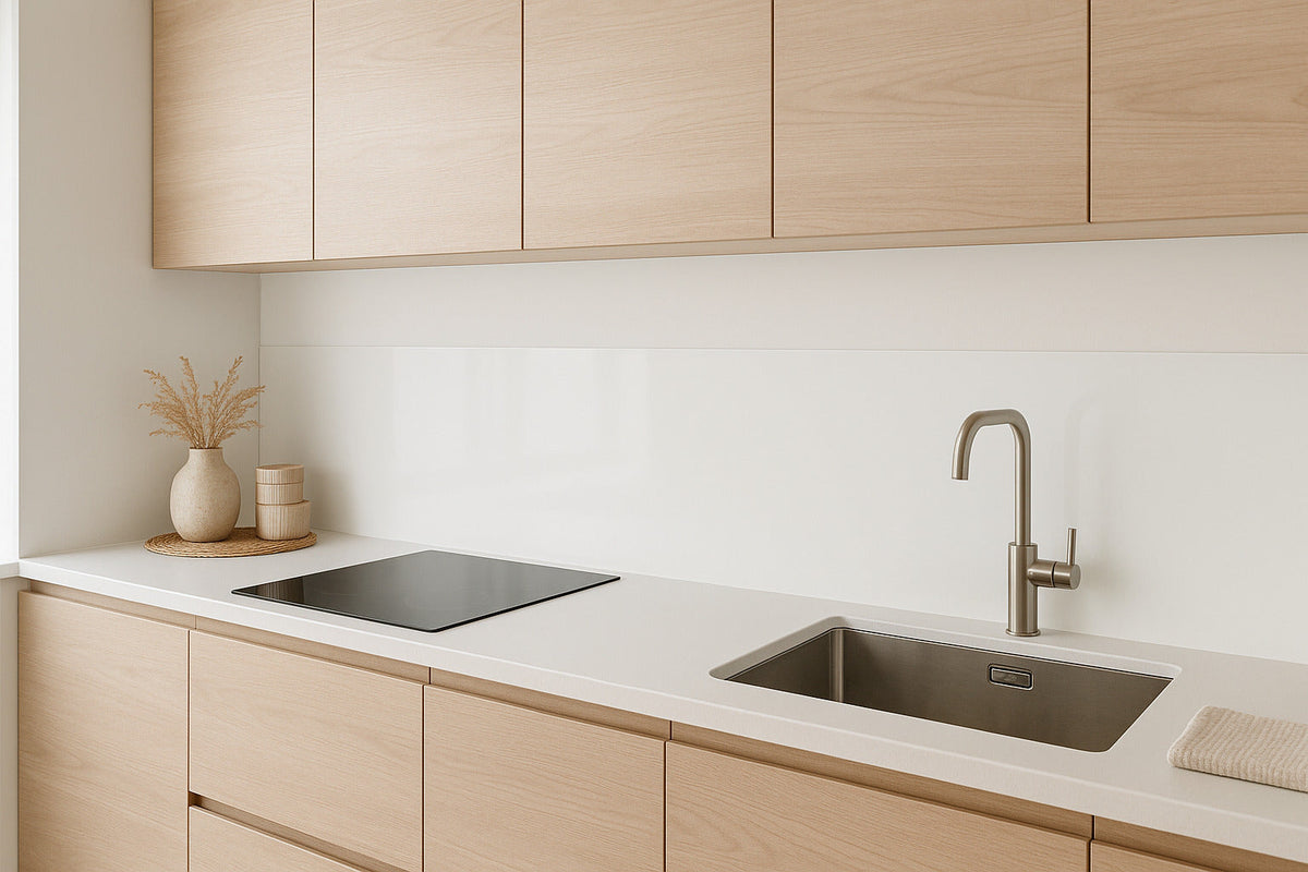 Minimalistische Küche mit Holzfronten und einer passgenau gefertigten Küchenrückwand aus Glas in der Nische zwischen Arbeitsplatte und Oberschränken.