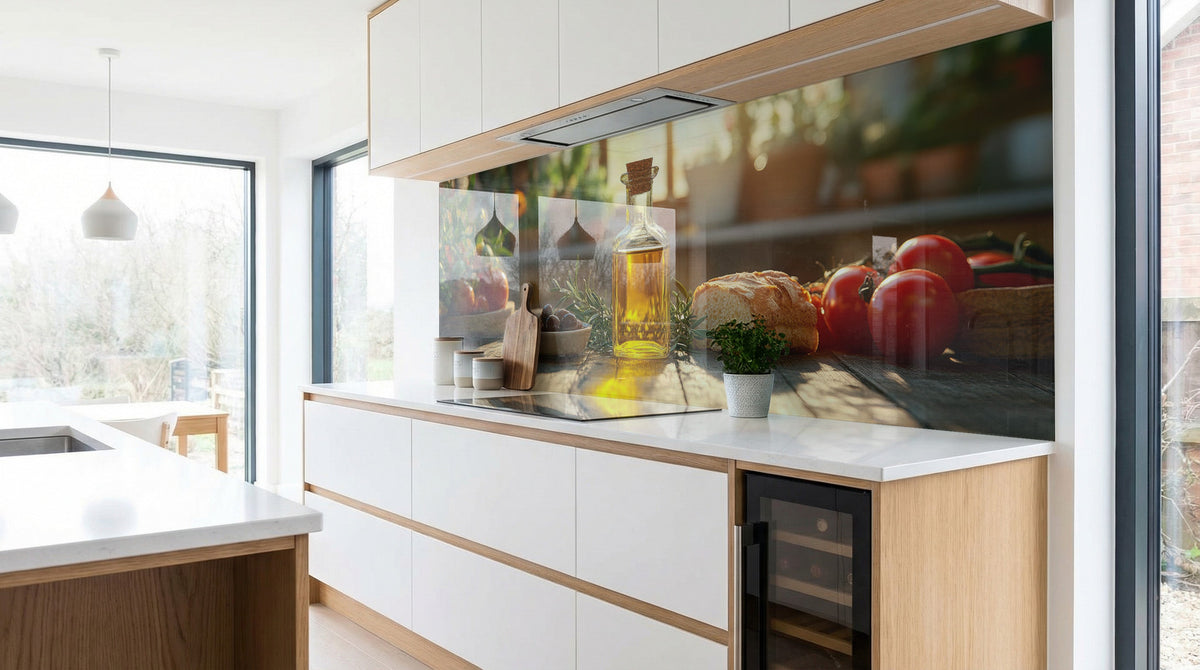 Moderne Küche mit weißen Schränken und einer Küchenrückwand – „Mediterrane Tomaten und Brot“ von glasposter.com.