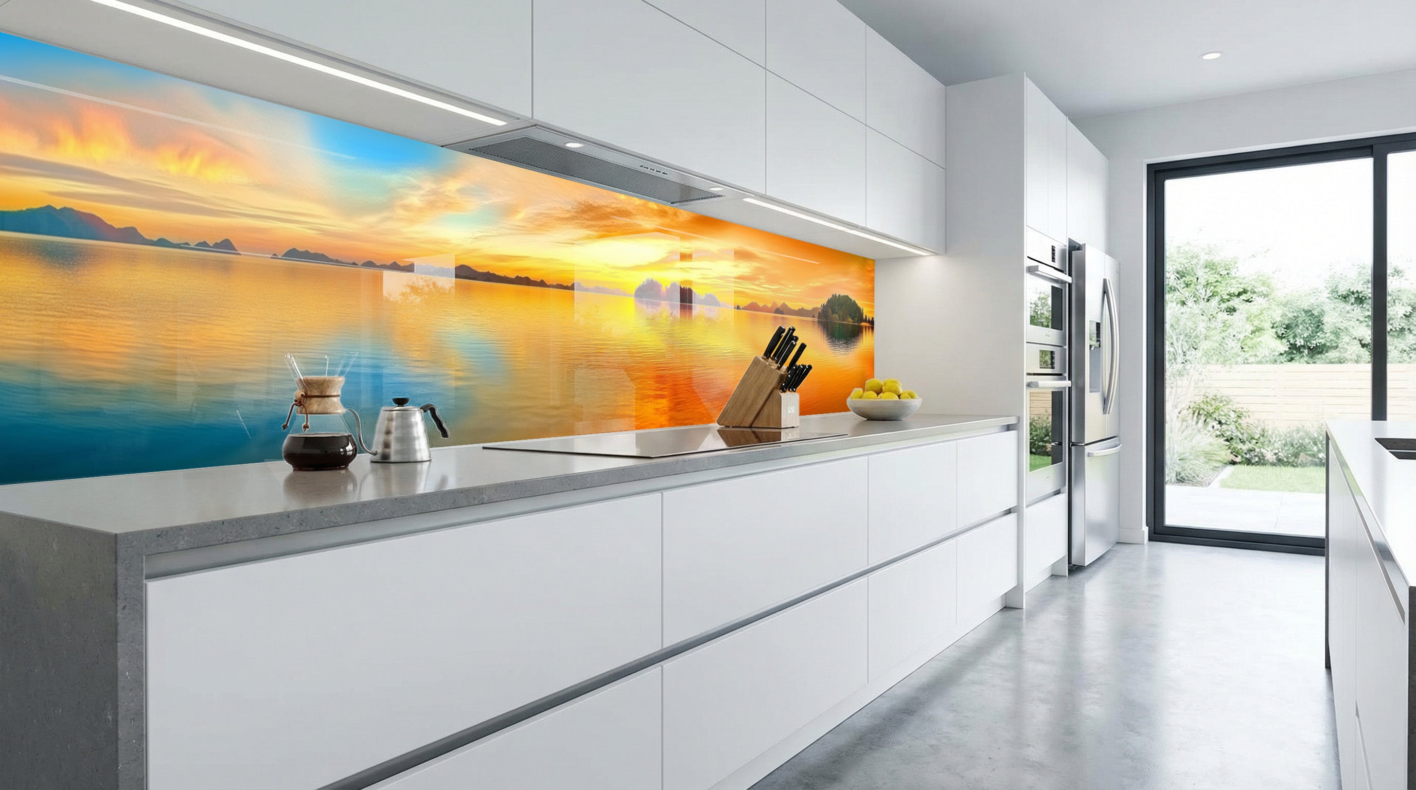Moderne weiße Küche mit Küchenrückwand – „Sonnenuntergang am Seeufer“ von glasposter.com und Blick auf den Garten.