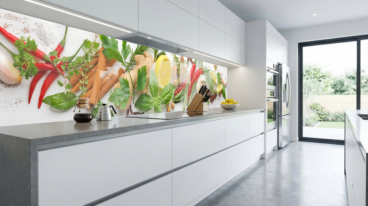 Moderne weiße Küche mit einer Küchenrückwand „Kräuter & Gewürze“ von glasposter.com und Blick auf den Garten.