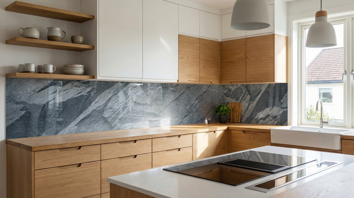 Moderne Küche mit Holzschränken, grauer Stein-Fliesenwand, offenen Regalen und einem großen Fenster.