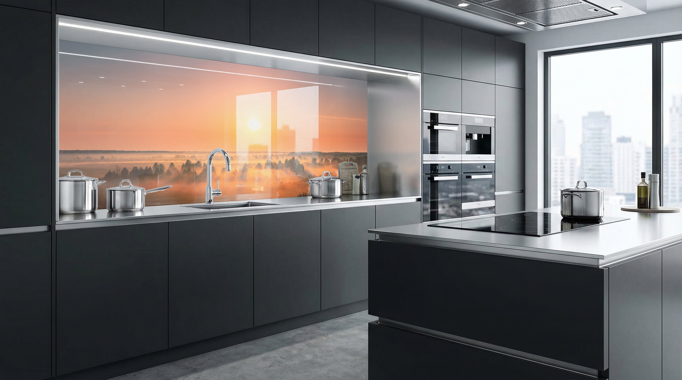 Moderne Küche mit dunklen Schränken und einer Küchenrückwand „Nebelfeld Sonnenaufgang“ von glasposter.com.