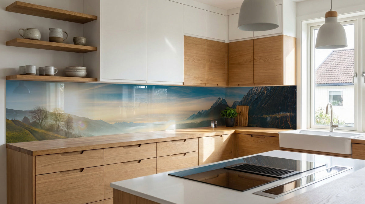 Moderne Küche mit Holzschränken und dem Alpenpanorama „Schneegipfel Berghütte“ von glasposter.com.