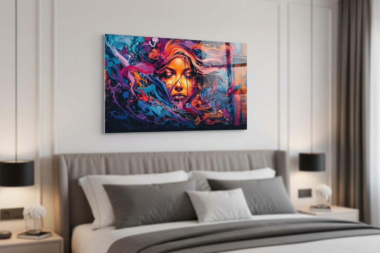 Ein modernes Schlafzimmer mit dem „Glasbild – Farbenaura“ von Glasposter über einem ordentlich gemachten Bett.