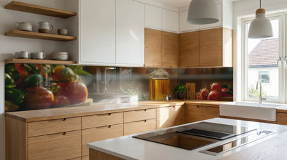 Moderne Küche mit Holzschränken, weißen Armaturen und einer Küchenrückwand von glasposter.com.