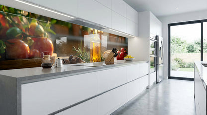 Moderne Küche mit weißen Schränken, grauen Arbeitsplatten und einer Küchenrückwand von glasposter.com.