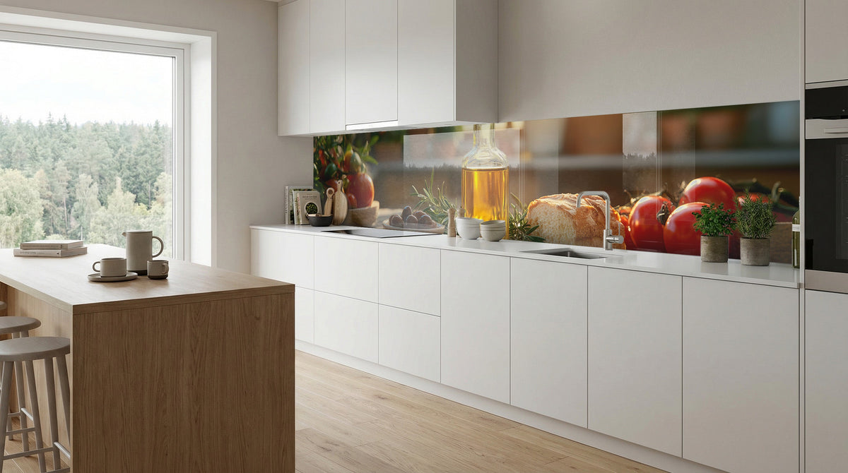 Moderne weiße Küche mit Holzakzenten, großem Fenster und einer Küchenrückwand „Mediterrane Tomaten“ von glasposter.com.