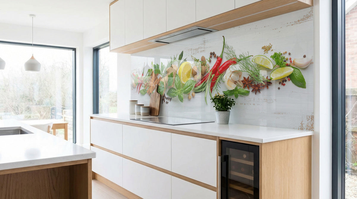 Moderne Küche mit weißen Schränken und einer Küchenrückwand von glasposter.com – frische Kräuter und Gewürze.