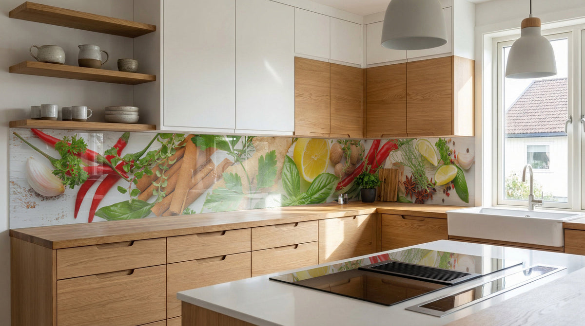 Moderne Küche mit Holzschränken und einer Küchenrückwand – „Frische Kräuter und Gewürze“ von glasposter.com.