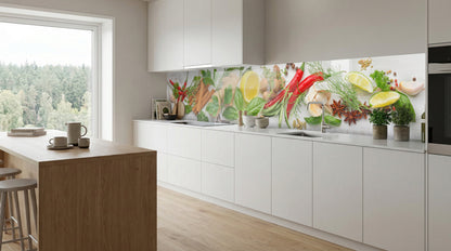 Moderne weiße Küche mit Küchenrückwand – „Frische Kräuter und Gewürze“ von glasposter.com, Fenster, Kücheninsel.