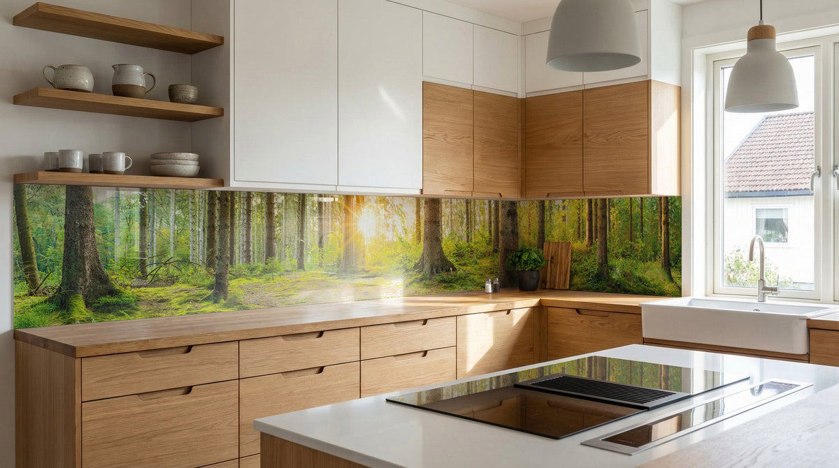 Moderne Küche mit Holzschränken und einer Küchenrückwand „Sonnenheller Wald“ von glasposter.com.
