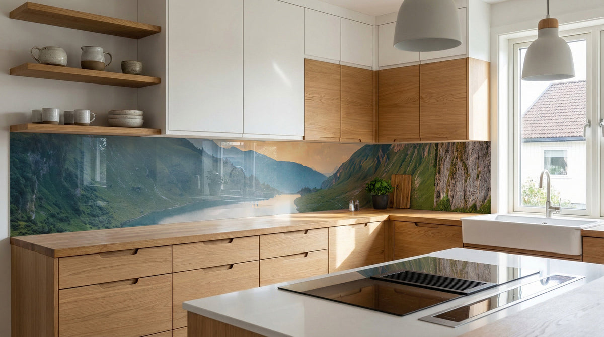 Moderne Küche mit Holzschränken, weißen Arbeitsplatten und einer Küchenrückwand von glasposter.com aus der Serie „Alpen Berg“.