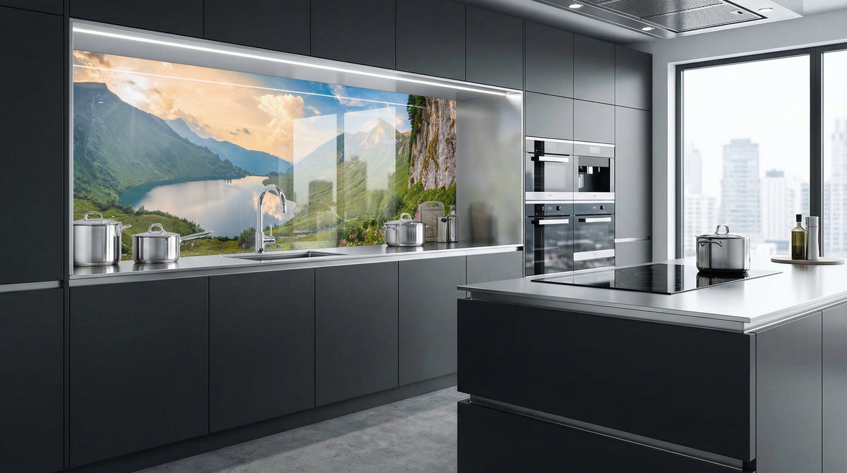 Moderne Küche mit dunklen Schränken, einer Kücheninsel und einer Küchenrückwand von glasposter.com „Alpen Berg“ im Spülbereich.