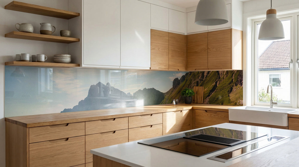 Moderne Küche mit Holzschränken, dem Bild „Alpenpanorama mit Weide und Pferd“ von glasposter.com sowie offenen Regalen.