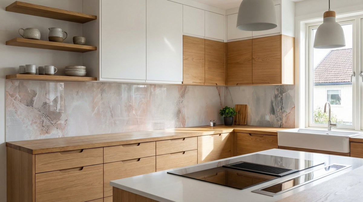 Moderne Küche mit Holzschränken, weißen Arbeitsplatten und „Marmor Graurosé“ von glasposter.com, der strahlend glänzt.