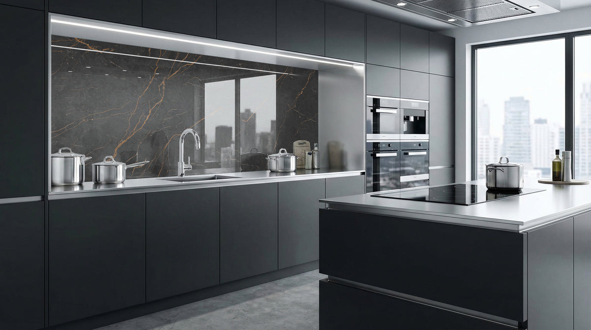 Moderne Küche mit dunklen Schränken, Blick auf die Stadt und Küchenrückwand – Marmor Schwarz-Gold von glasposter.com.