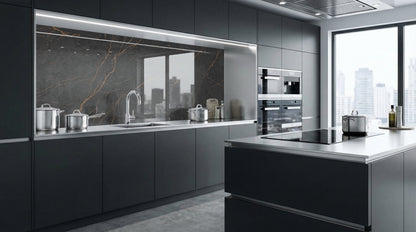 Moderne Küche mit dunklen Schränken, Blick auf die Stadt und Küchenrückwand – Marmor Schwarz-Gold von glasposter.com.