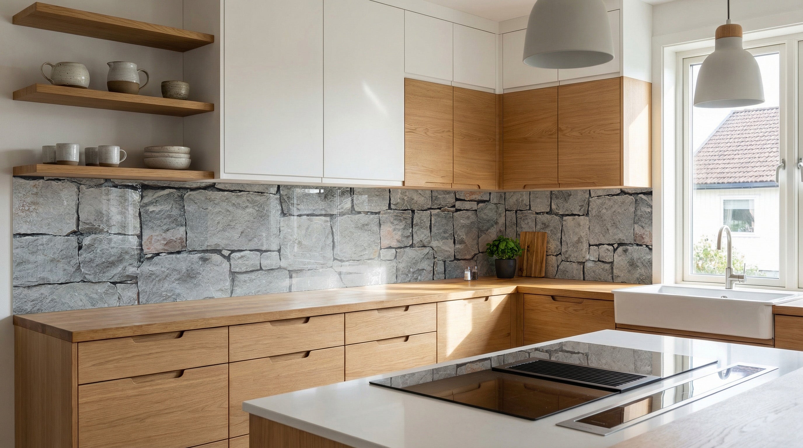 Moderne Küche mit Holzschränken, Küchenrückwand – „Graue Natursteinwand“ von glasposter.com – und Regalen.