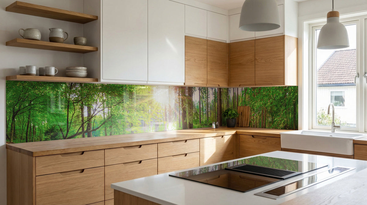 Moderne Küche mit Holzschränken und einer Küchenrückwand „Waldlichtung Grün Buchenwald“ von glasposter.com.