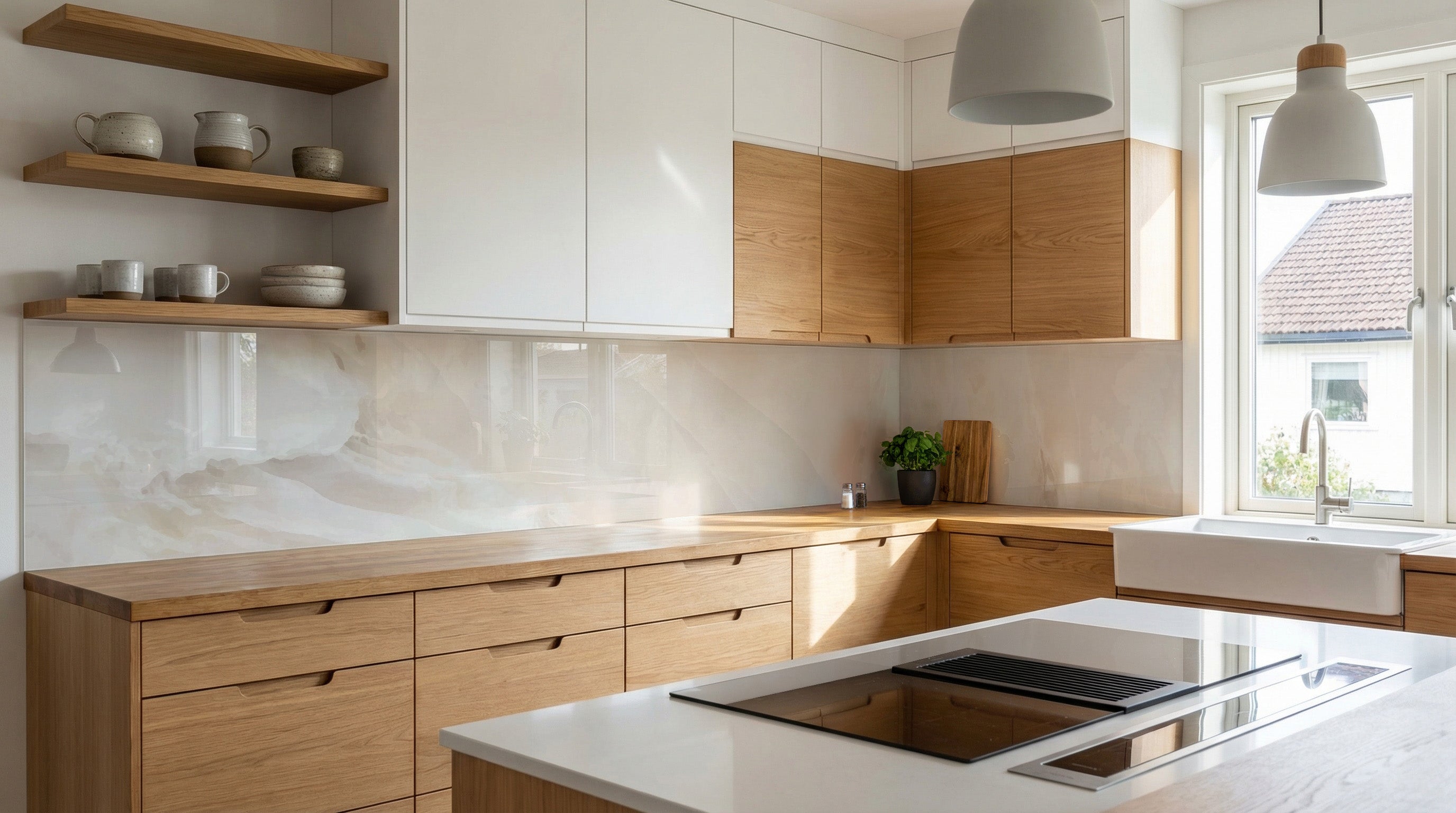 Moderne Küche mit Holzschränken, weißen Arbeitsplatten und einer graubeigen Küchenrückwand in Marmoroptik von glasposter.com.