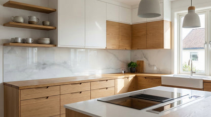 Moderne Küche mit Holzschränken, Küchenrückwand „Marmor Weiß Grau Adern“ von glasposter.com, offene Regale.