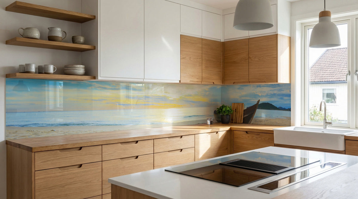 Moderne Küche mit Holzschränken, weißen Akzenten und einer Küchenrückwand von glasposter.com – „Boot am Strand“.