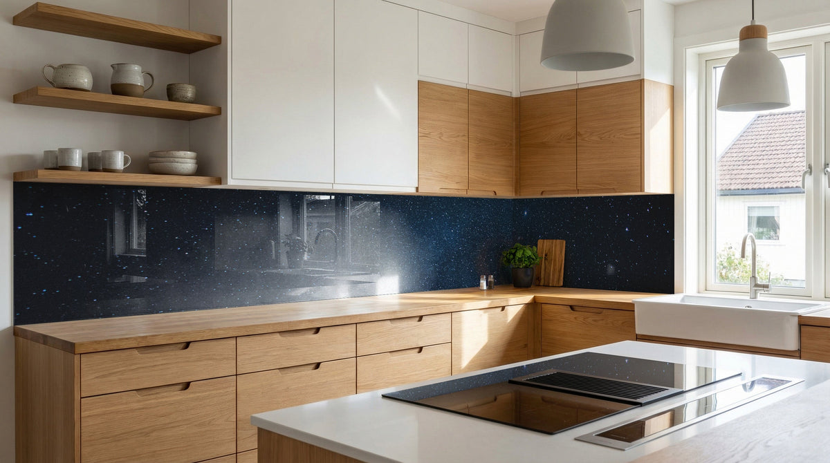 Moderne Küche mit Holzschränken und einer Küchenrückwand von glasposter.com mit dem Motiv „Glitzernder Nachthimmel – Sterne“.