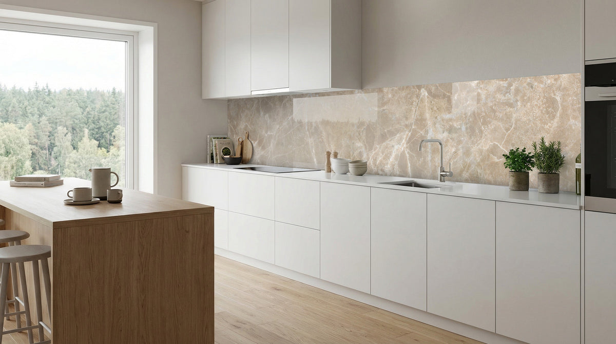 Moderne Küche mit weißen Schränken, Küchenrückwand – Marmor Hellbeige-Grau von glasposter.com – und Kochinsel.