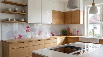 Moderne Küche mit Holzschränken, weißen Arbeitsplatten, offenen Regalen und einer Orchideenrückwand von glasposter.com.