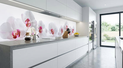 Moderne weiße Küche mit Küchenrückwand – „Elegante Orchideenblüten“ von glasposter.com, graue Arbeitsplatten.
