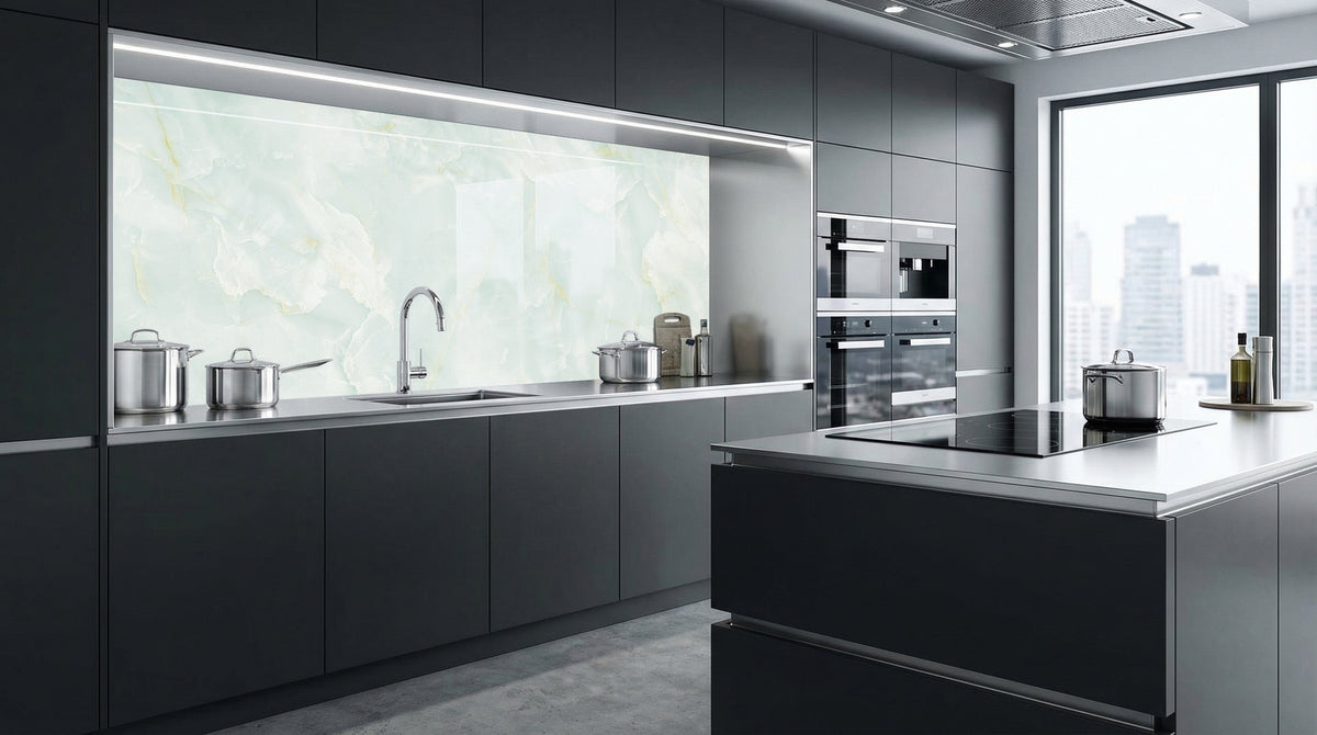 Moderne Küche mit matten, dunklen Schränken, Küchenrückwand – türkis-grüner Opal-Marmor von glasposter.com.
