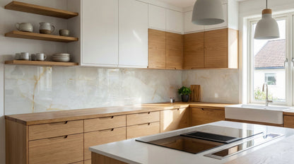 Moderne Küche mit Holzschränken, einem sonnendurchfluteten Fenster und einer Küchenrückwand aus Marmor Calacatta Gold.