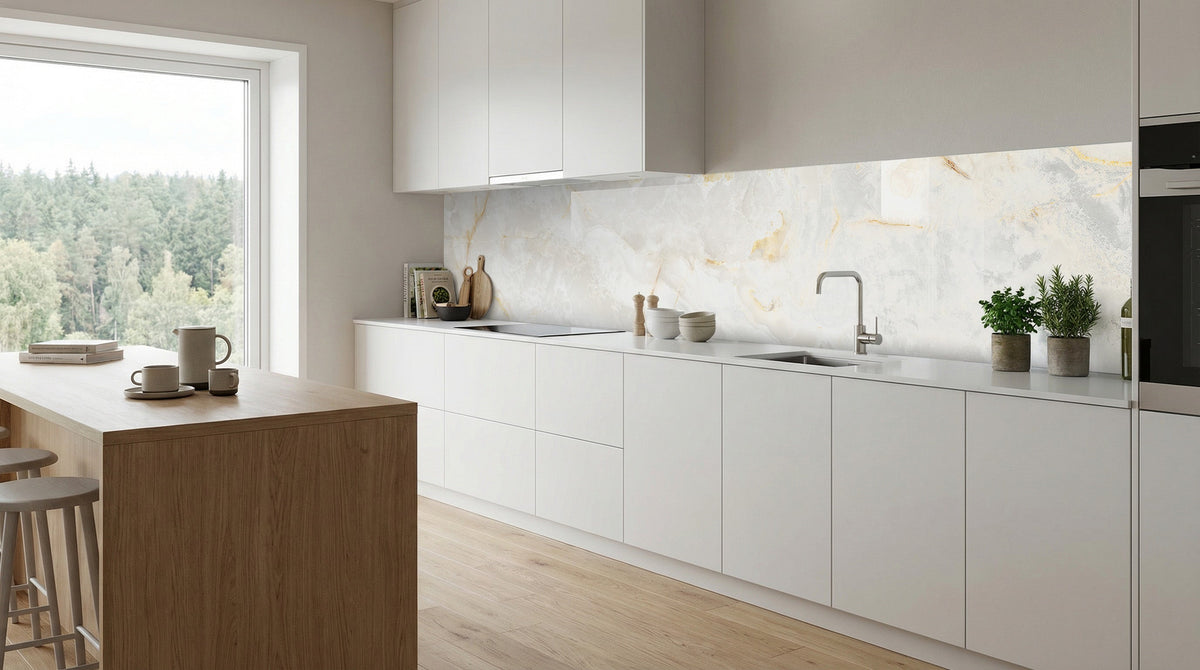 Moderne weiße Küche mit einer Küchenrückwand von glasposter.com – Marmor „Calacatta Gold“ und Holzdetails.