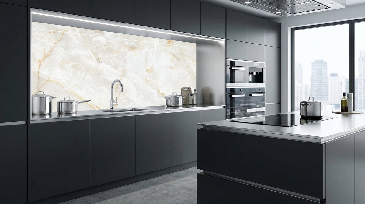 Moderne Küche mit dunklen Schränken, Küchenrückwand – Marmor Calacatta Gold von glasposter.com, Stadtansicht.
