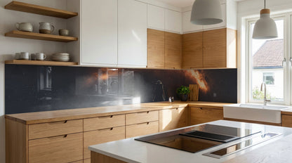 Moderne Küche mit Holzschränken und einer Küchenrückwand von glasposter.com – „Galaxie Nachthimmel Sterne“.