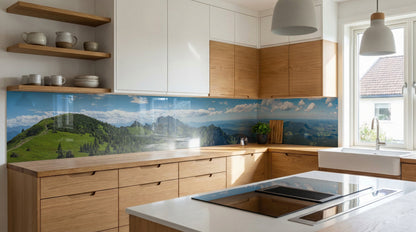 Moderne Küche mit Holzschränken, ausgestattet mit der Küchenrückwand „Berglandschaft“ von glasposter.com.