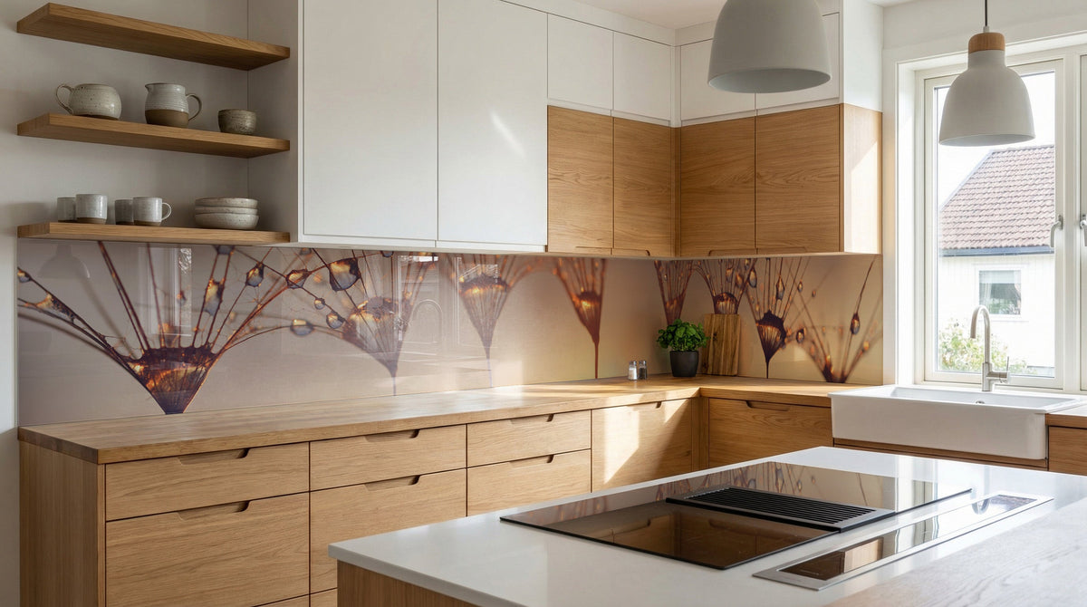 Moderne Küche mit hellem Holz, weißen Arbeitsplatten und einer Küchenrückwand „Pusteblumen Wassertropfen“ von glasposter.com.