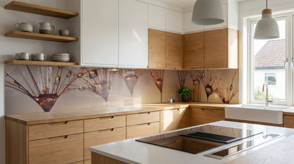 Moderne Küche mit hellem Holz, weißen Arbeitsplatten und einer Küchenrückwand „Pusteblumen Wassertropfen“ von glasposter.com.