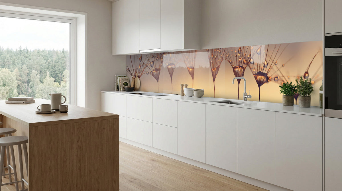 Moderne weiße Küche mit einer Kücheninsel aus Holz und einer Küchenrückwand „Pusteblumen Wassertropfen“ von glasposter.com.