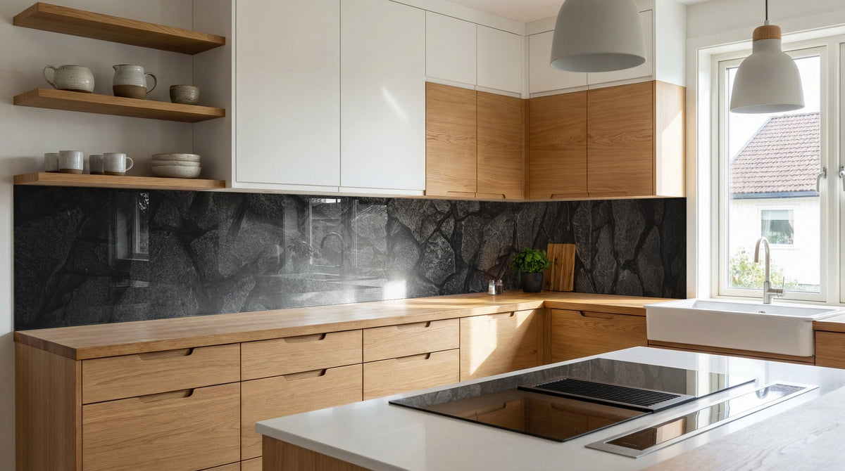 Moderne Küche mit Holzschränken, sonnendurchfluteten Regalen und einer Küchenrückwand „Steinmauer Schiefergrau“ von glasposter.com.
