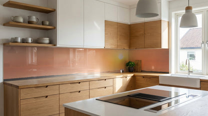 Moderne Küche mit Holzschränken, offenen Regalen und einer Küchenrückwand – „Nebelfeld“ von glasposter.com.