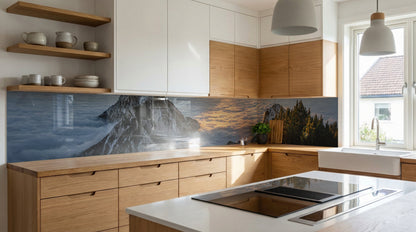 Moderne Küche mit Holzschränken; Küchenrückwand – Sonnenuntergang, Bergsee, Wald von glasposter.com.