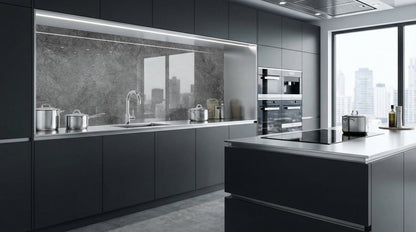 Moderne Küche mit einer Küchenrückwand von glasposter.com – Marmor Grau-Schwarz, dunkle Schränke und Herd.