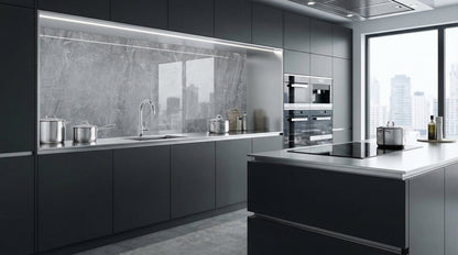 Moderne Küche mit dunklen Schränken, Einbaubacköfen, einer Kücheninsel und einer Küchenrückwand im Marmor-Look von glasposter.com.