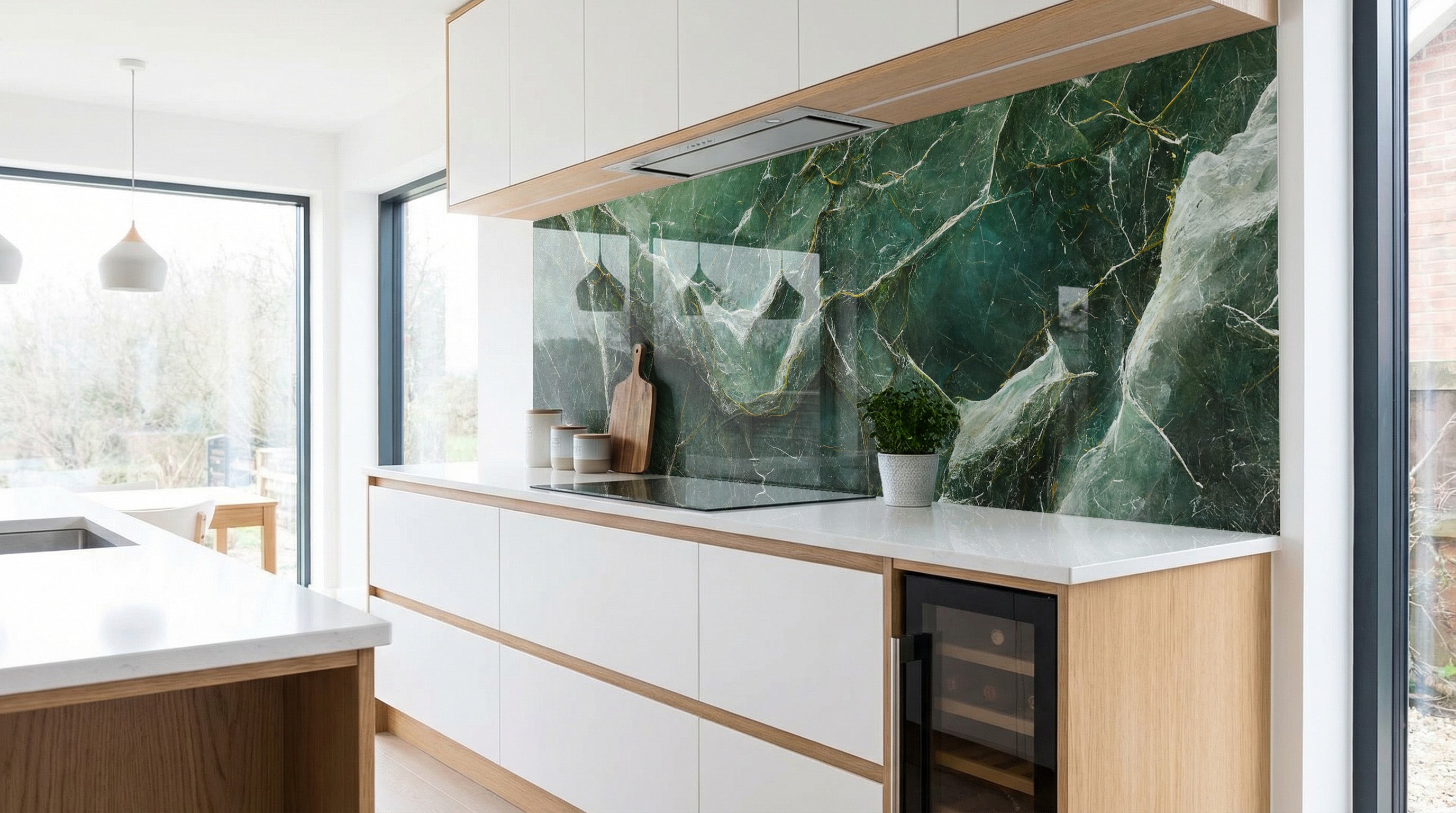 Moderne Küche mit weißen Schränken, Holzakzenten, einer Topfpflanze und einem Glasposter mit smaragdgrünem Marmor – glassposter.com.