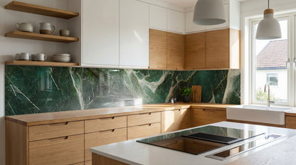 Moderne Küche mit Holzschränken, weißer Kücheninsel und smaragdgrüner Marmor-Küchenrückwand von glasposter.com.