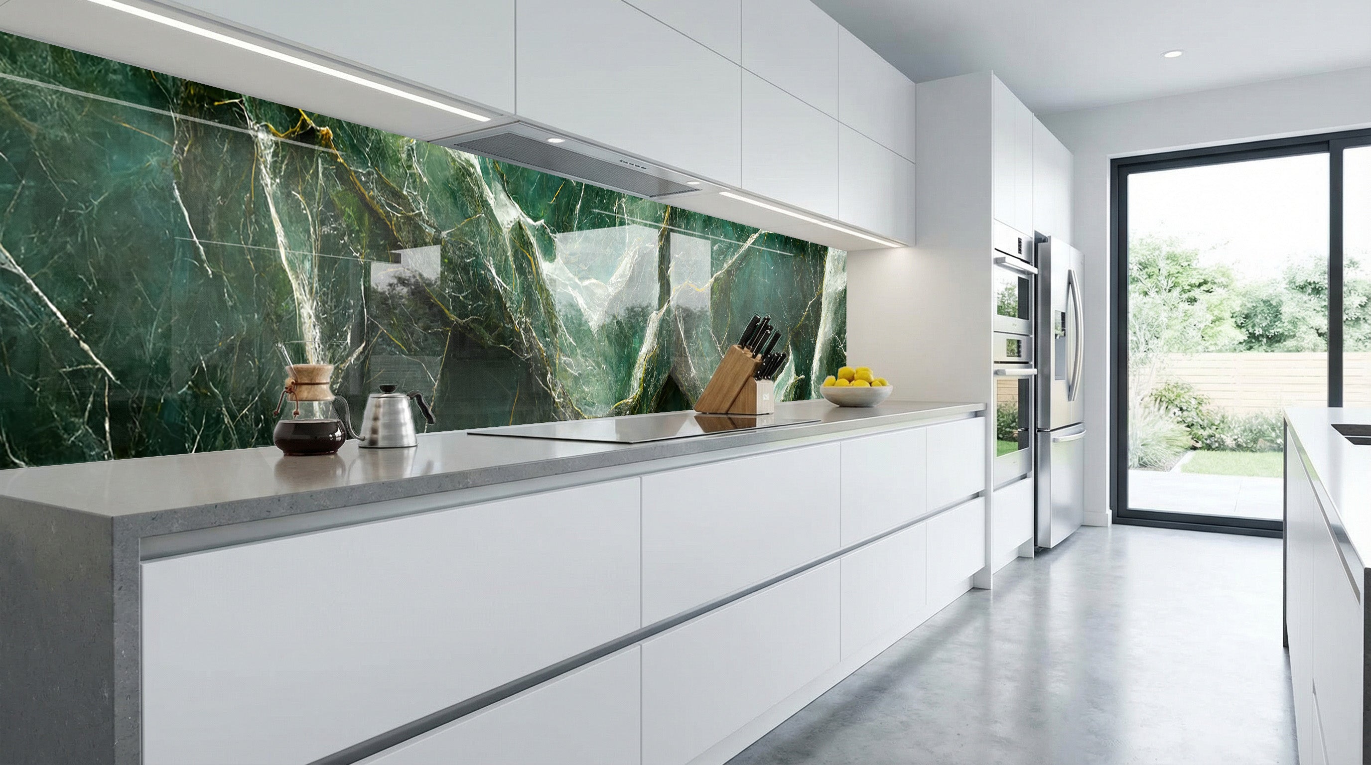 Moderne Küche mit weißen Schränken, einer Marmor-Rückwand von glasposter.com und Sonnenlicht auf den grauen Arbeitsplatten.