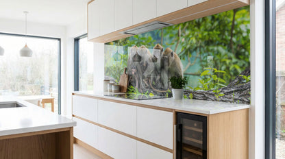 Moderne Küche mit einer Küchenrückwand von glasposter.com – Wandbild „Drei Affen im Dschungel“.
