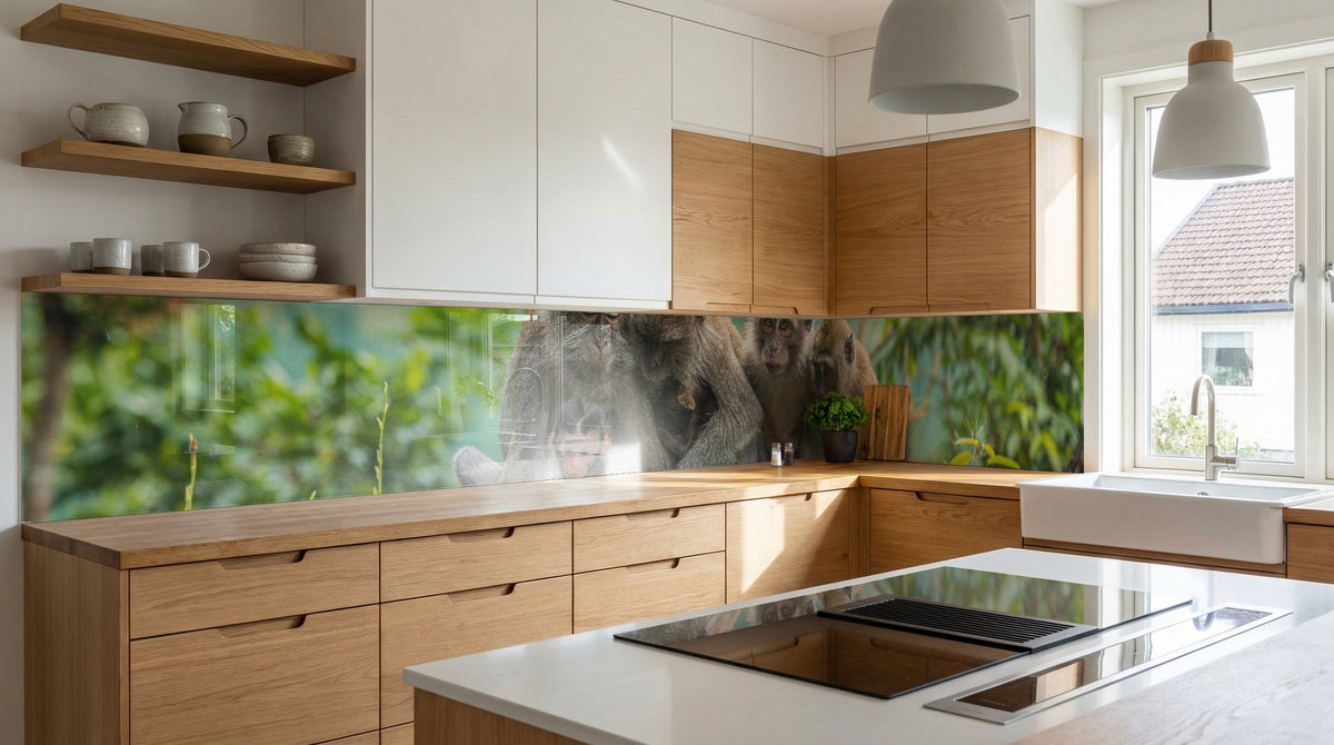 Moderne Küche mit Holzschränken und einer Küchenrückwand von glasposter.com – „Drei Affen im Dschungel“.