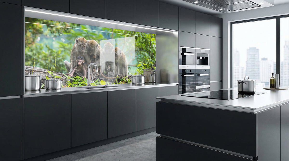 Moderne Küche mit einer Küchenrückwand von glasposter.com – „Drei Affen im Dschungel“, Fenster mit Waldblick.
